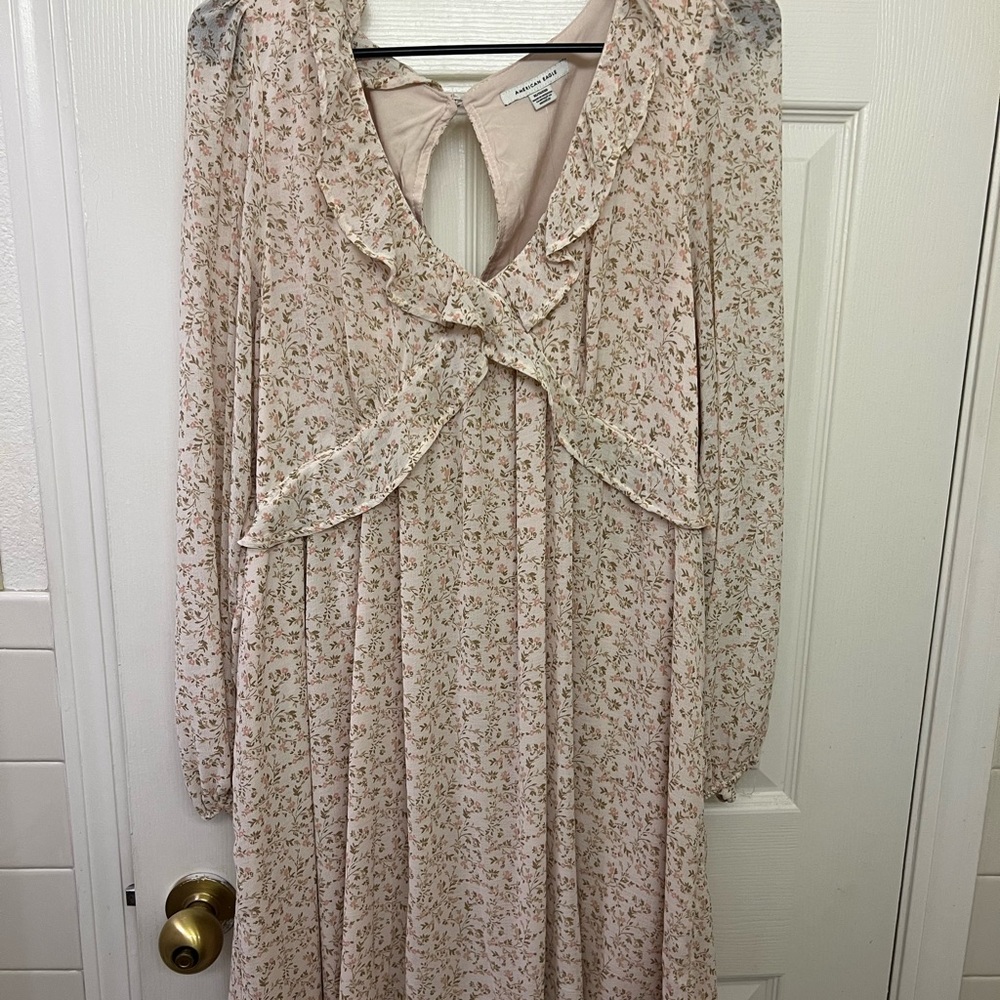 American Eagle Outfitters Tan and Gold Ruffled Wrap Sundress